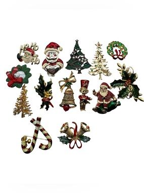 Vintage Christmas Brooch Lot 14 Pieces Santa Tree‎ Holly Bell Enamel Rhinestone
